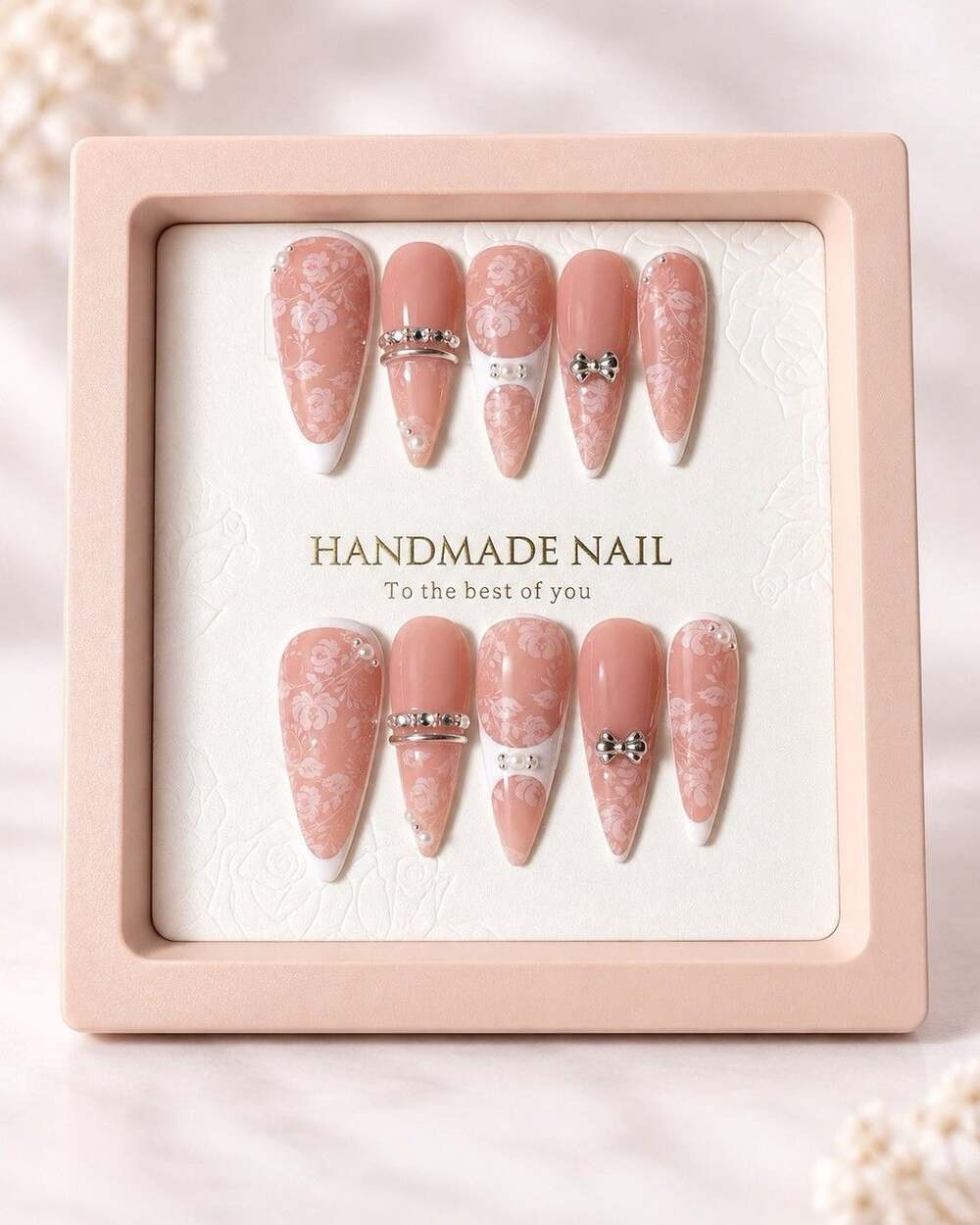 Reusable Pink Press On Nails Size L Long Almond Lace Bow Rhinestone 10pc Set